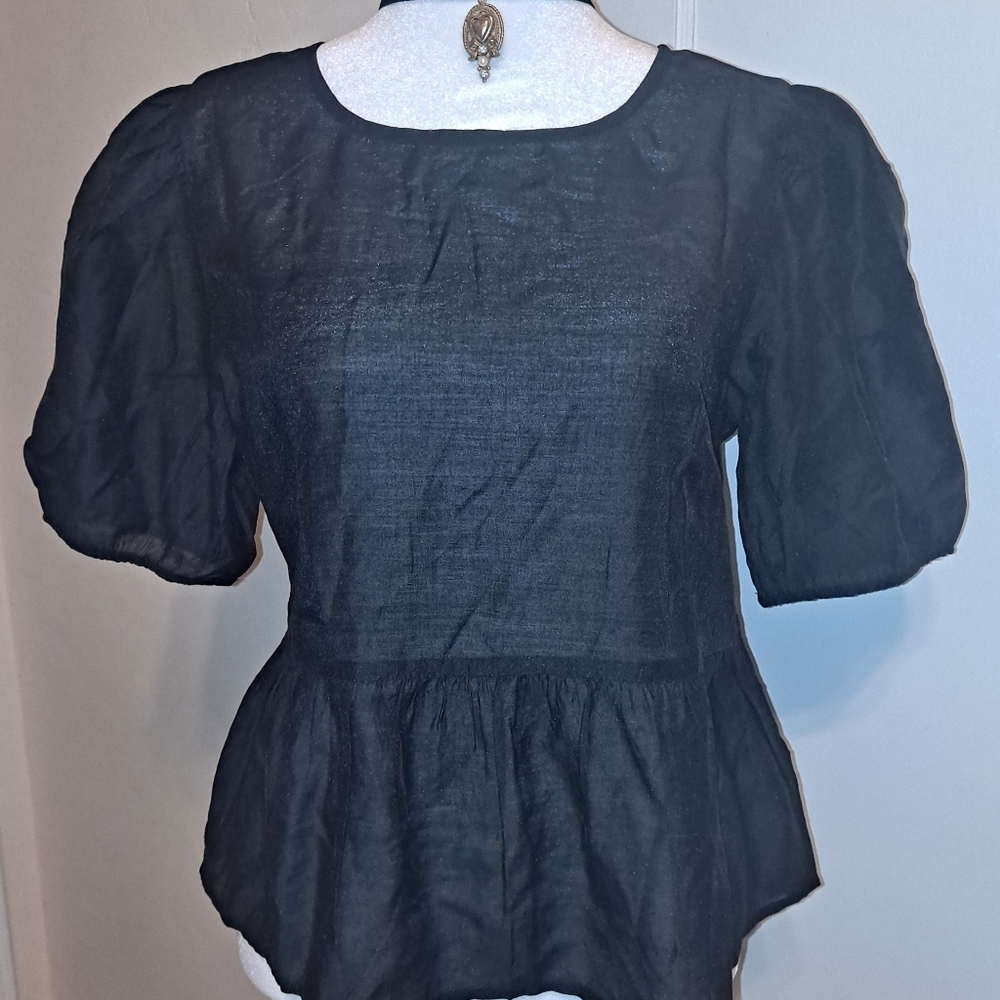 American Eagle Black Puffy Sleeve Sheer Tie Back Blouse Size Medium NWT